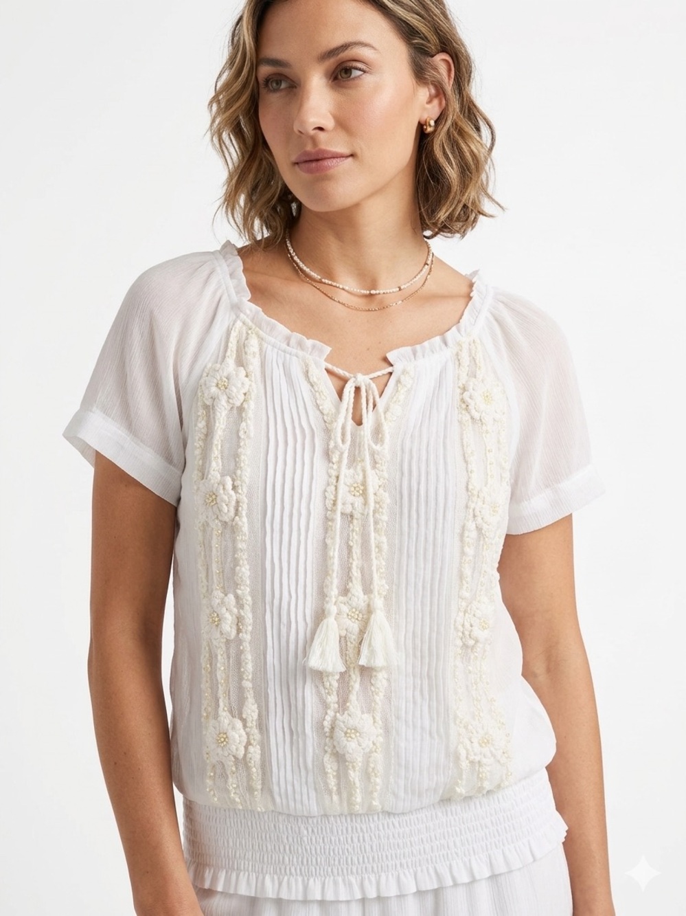 Sundance White Sheer Chiffon Embroidered Boho Blouse Top L Cottagecore